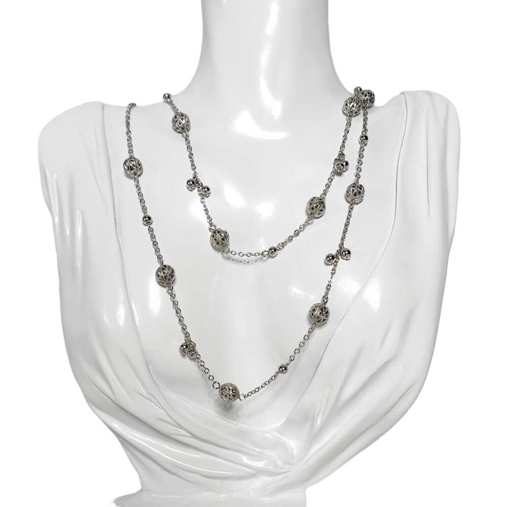 Cookie Lee Signed Art Deco Silver Filigree Station Flapper Necklace